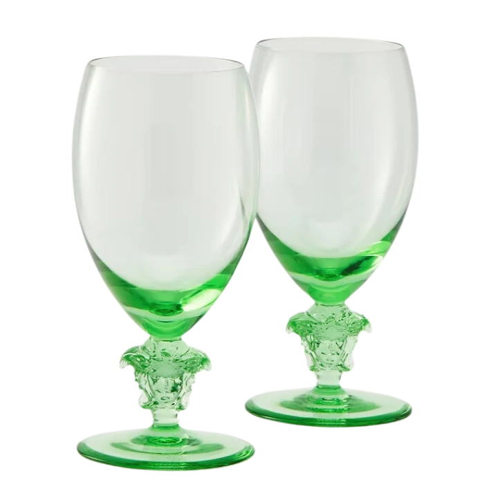 2 TAÇAS DE VINHO VERSACE HOME MEDUSA LUMIERE VERDE E BRANCO